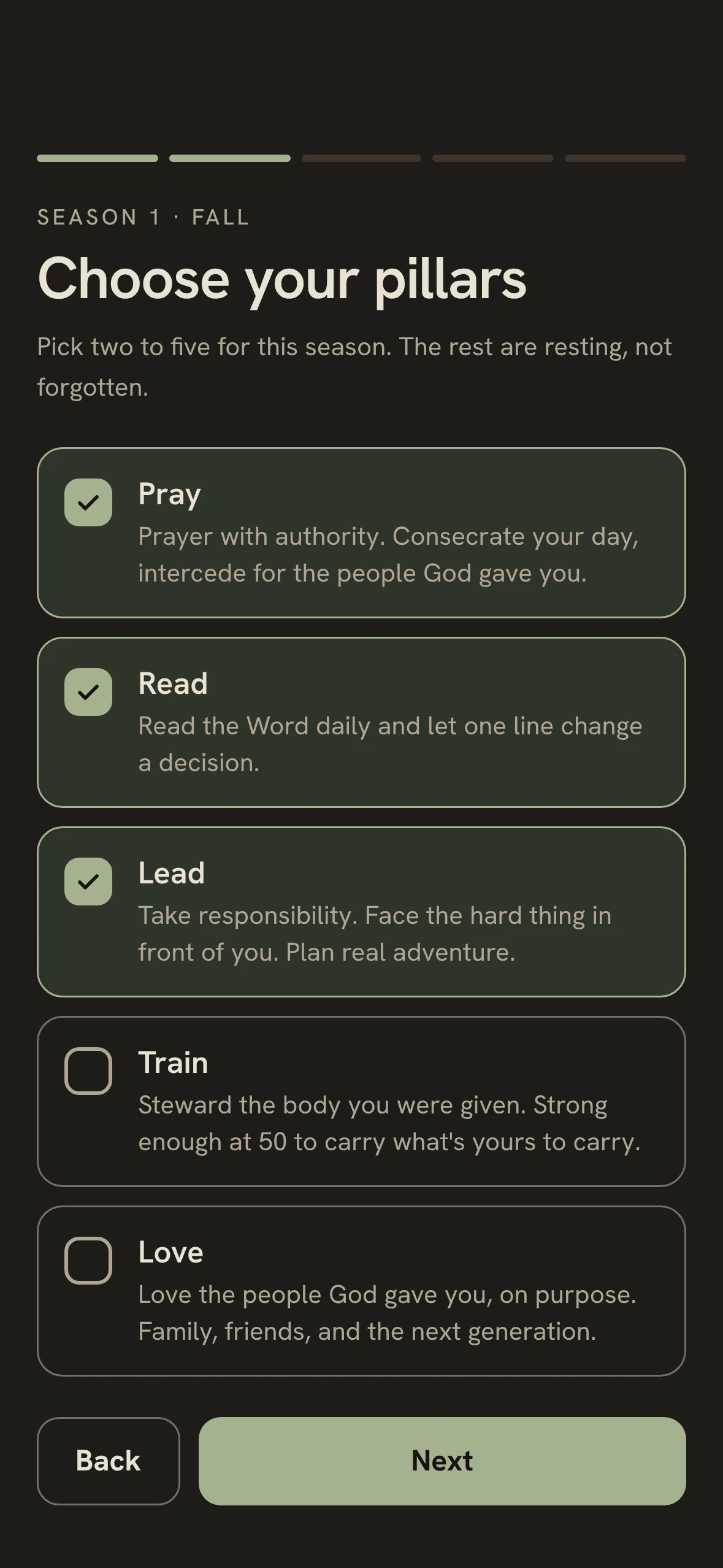 Cadence onboarding: choose two to five pillars for the season from pray, read, lead, train and love, with three chosen