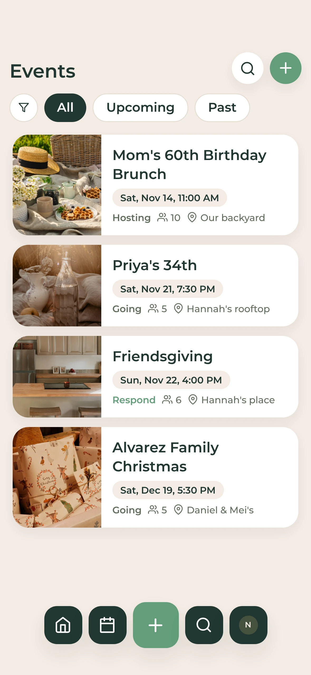 Upcoming events in Needlist: Mom's 60th birthday brunch, Priya's 34th, Friendsgiving and a family Christmas
