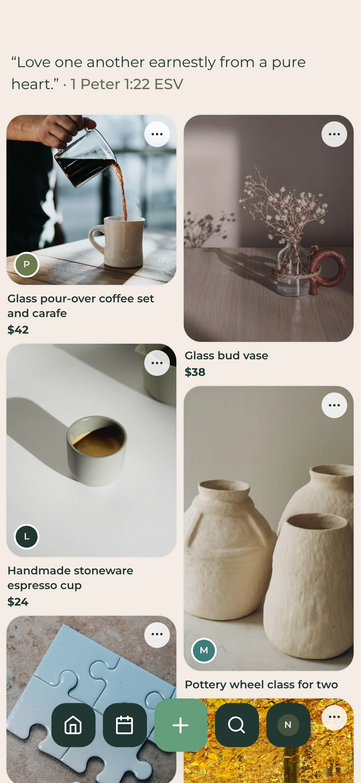 Needlist home feed under a verse from 1 Peter, with gift ideas from friends' wishlists like a glass pour-over set and a bud vase