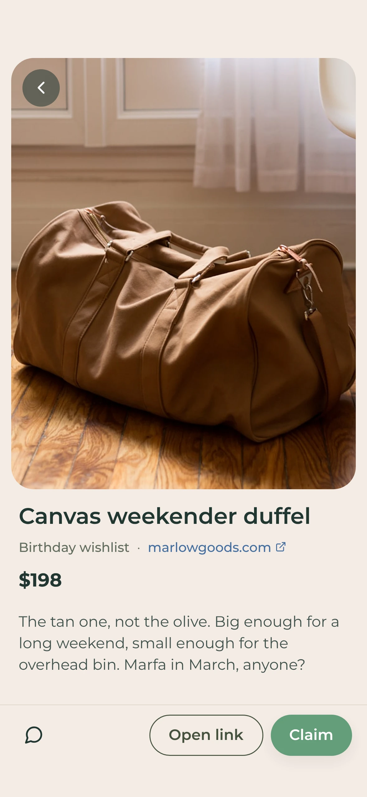 A wishlist item in Needlist: a tan canvas weekender duffel, $198, with the owner's note and a Claim button